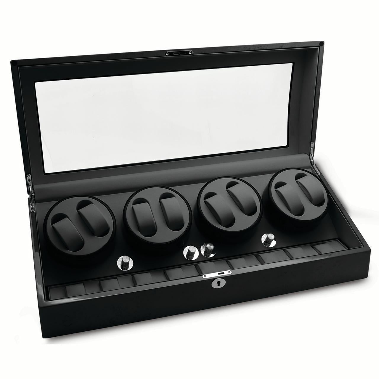 Rotations High Gloss Black Finish with Acrylic Window Faux Leather Lined Locking Wooden 8-Watch Winder with 9-Watch Storage Area (AC Powered) QGM13140