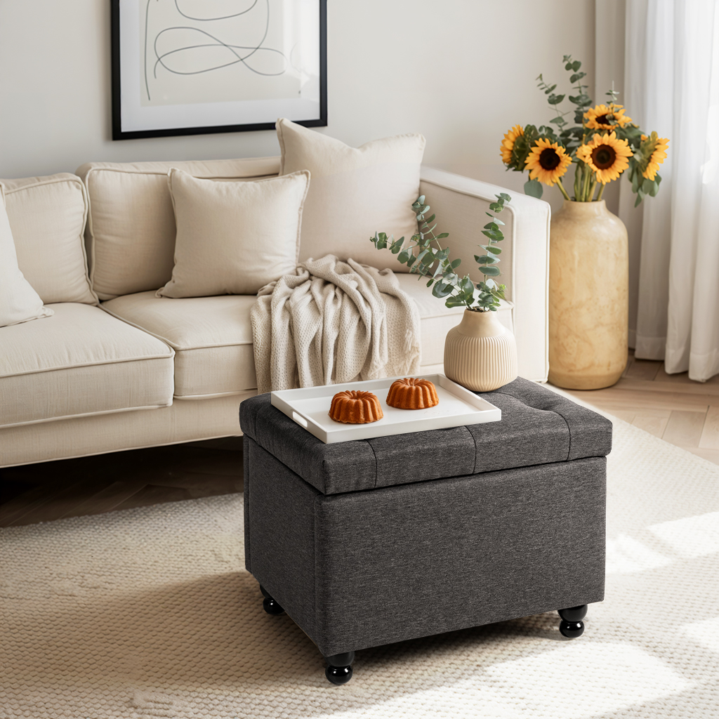 Pamapic 24" Faux Linen Rectangle Storage Ottoman,  Multifunctional Shoe Stool for Entryway in Grey