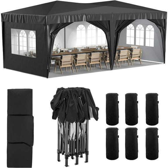 Powanli 10'x20' EZ Pop Up Canopy Outdoor Portable Party Folding Tent with 6 Removable Sidewalls   Carry Bag   6pcs Weight Bag Beige