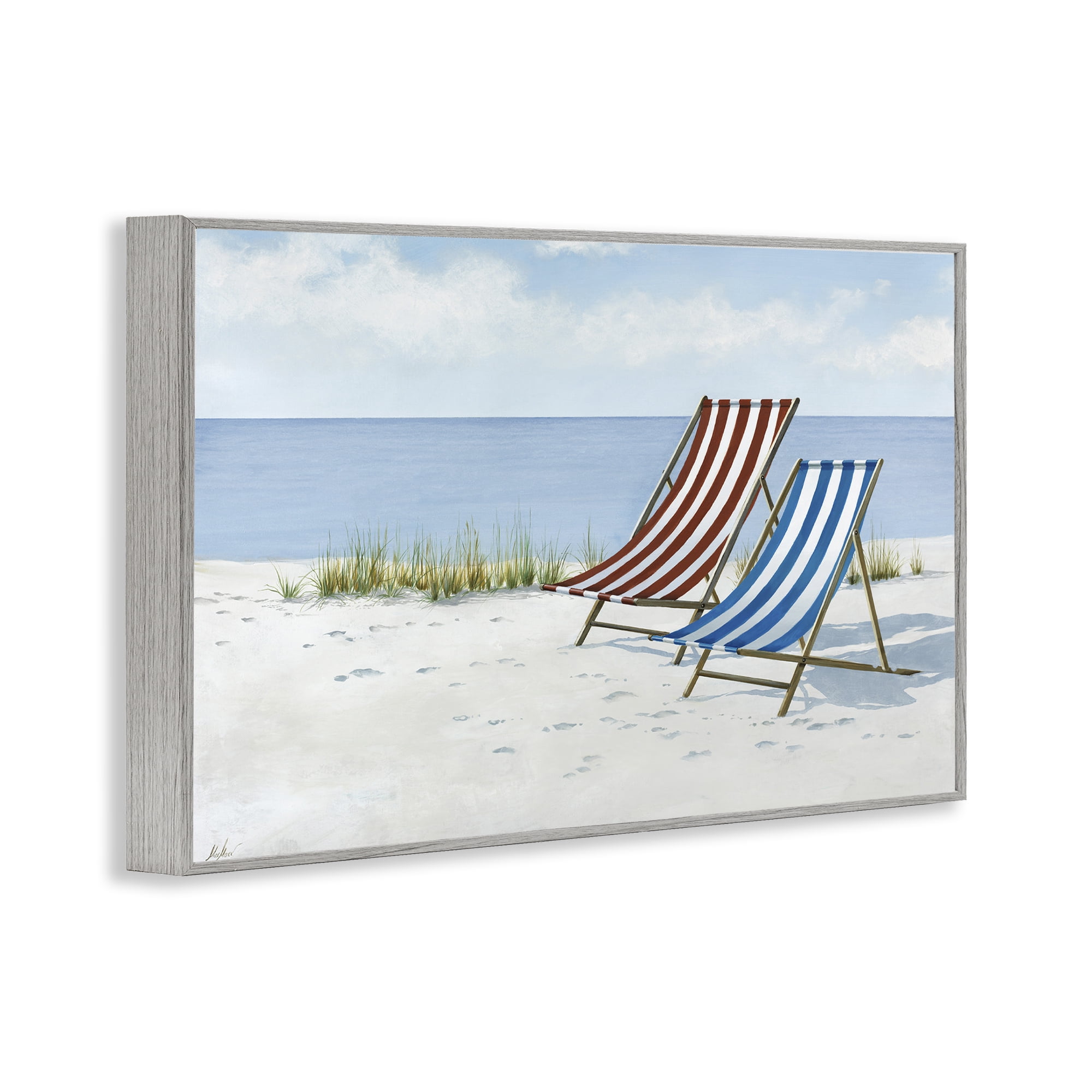 Stupell Industries Serene Beach Chairs Landscape Painting Gray Framed Art Print Wall Art, 18 x 12