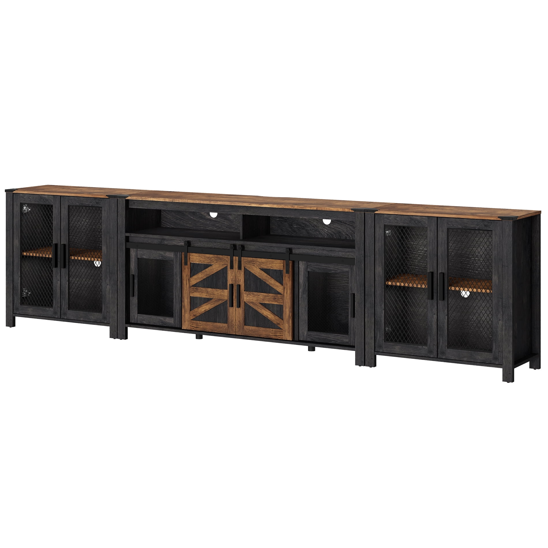 Wampat Farmhouse TV Stand Entertainment Center for 100 Inch TV, 2 Piece, with Sliding Barn Door, Adjustable Shelves, Dark Walnut and Black