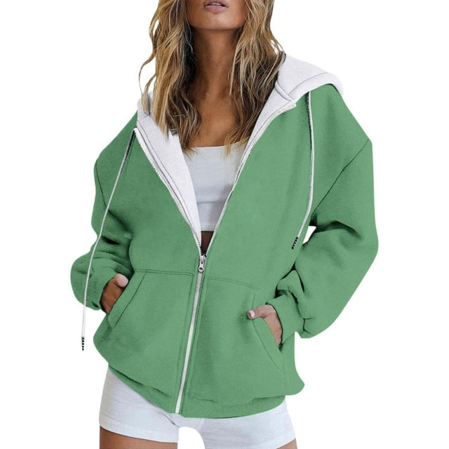 Mode Automne Dégradé Imprimé Décontracté Poche Veste à Manches Longues Mignonne à Capuche avec Cordon de Serrage Fermeture Éclair Sweat à Capuche pour Femmes