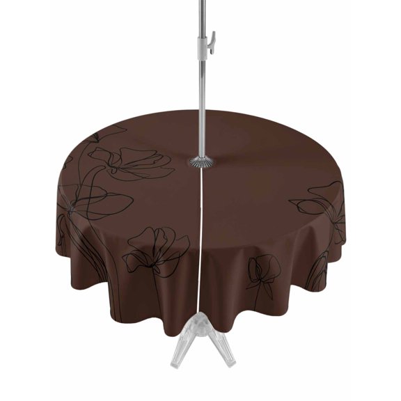 Outdoor Tablecloths with Umbrella Hole & Zipper, Brown Flowers Round Tablecloths 60 Inch, Japanese Abstract Floral Plants Simple Art Waterproof Table Cloth, Patio/Pool/Picnic Table Covers