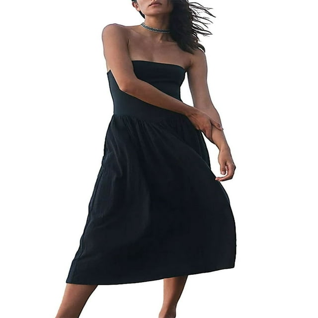 Women Midi Dress Summer Strapless Patchwork Solid Color Dress