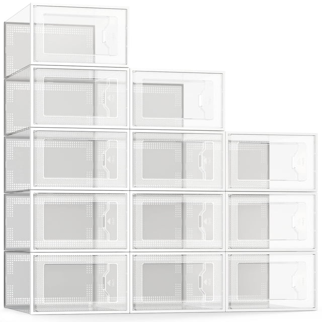SEE SPRING Caja de almacenamiento de zapatos grande, paquete de 12, organizador de zapatos apilable de plástico transparente para armario, zapatero plegable para ahorrar espacio, contenedor para zapat