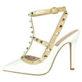 thumbnail image 3 of Forever Shoes Women Stiletto High Heels Pointy Toe Studded Pumps Ankle Strap Two Tone Biege Gold Accent STUDS-03 White 9, 3 of 4