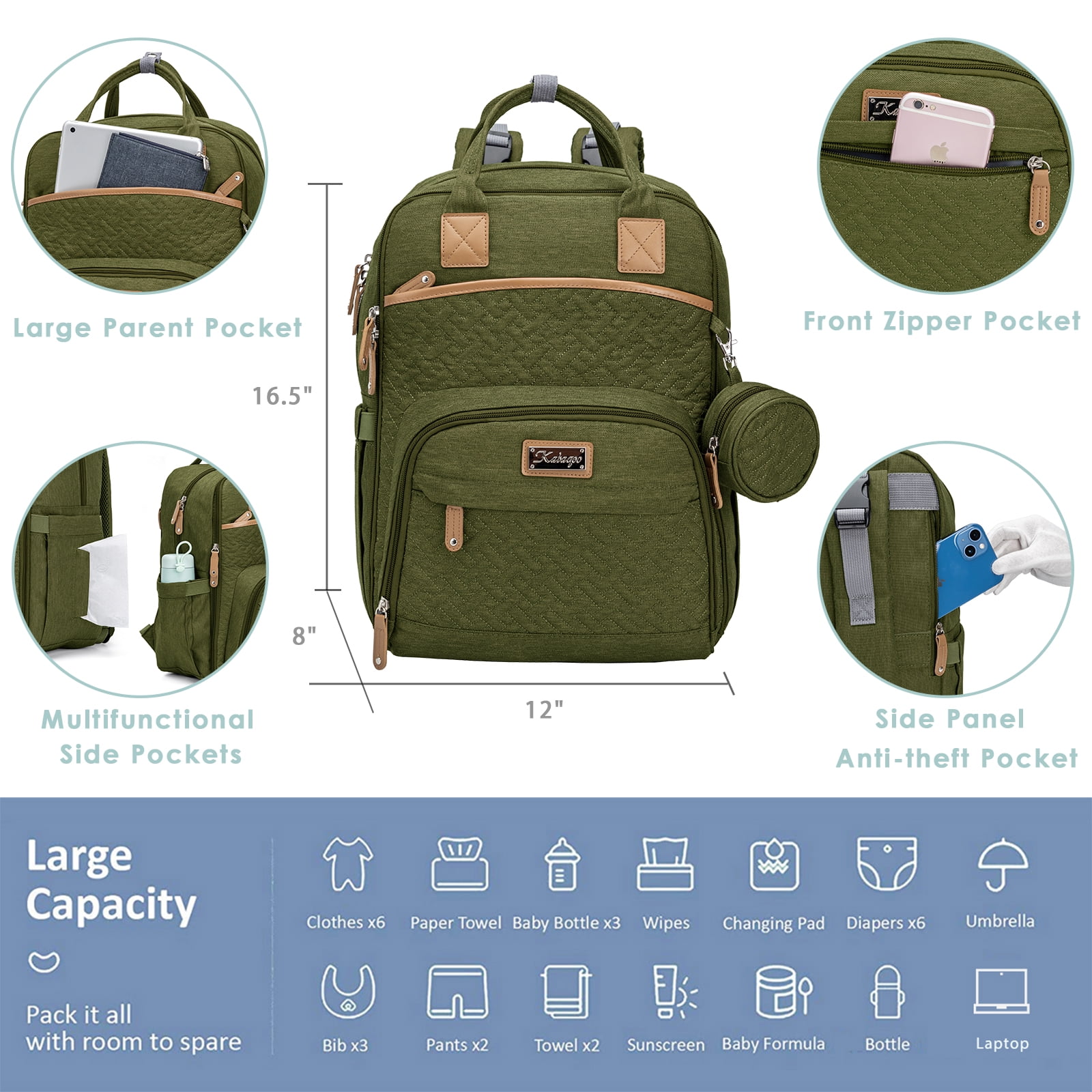 Kabaqoo Diaper Bag Backpack with Insulated Milk Bottle Pocket, Large Baby Diaper Bag for Travel, Green