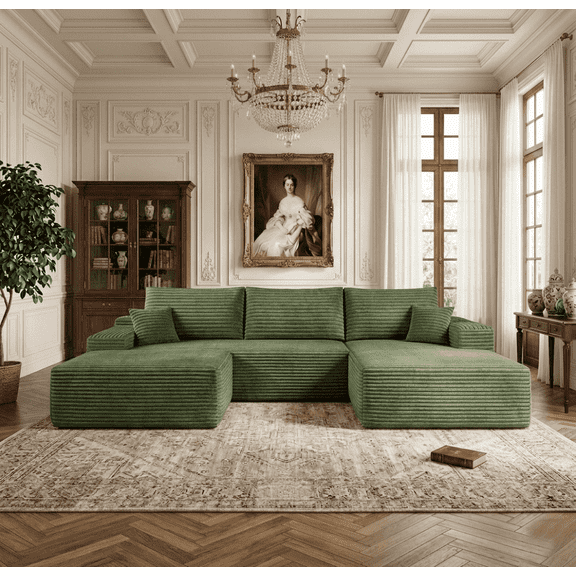 CKEASEAN 107" U-Shaped Modern Modular Sectional Sofa with Left/Right Facing Chaise & Ottoman, Oversized Corduroy Boneless Couches with Deep Seat, Comfy Cloud Couch for Living Room,No Assembly Require