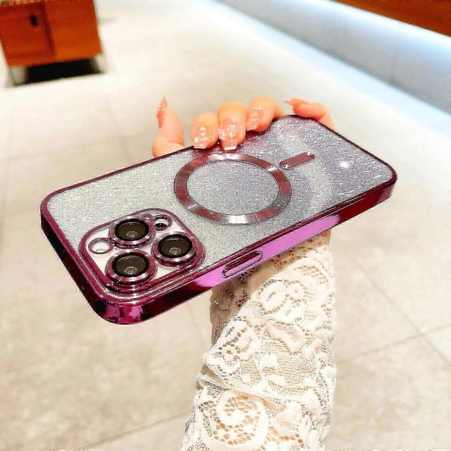 Glitter Case for iPhone 15 Pro Max/ 15 Ultra Compatible with MagSafe Camera Lens Protector Bling Plating Case Shockproof Protection Case for Women Men