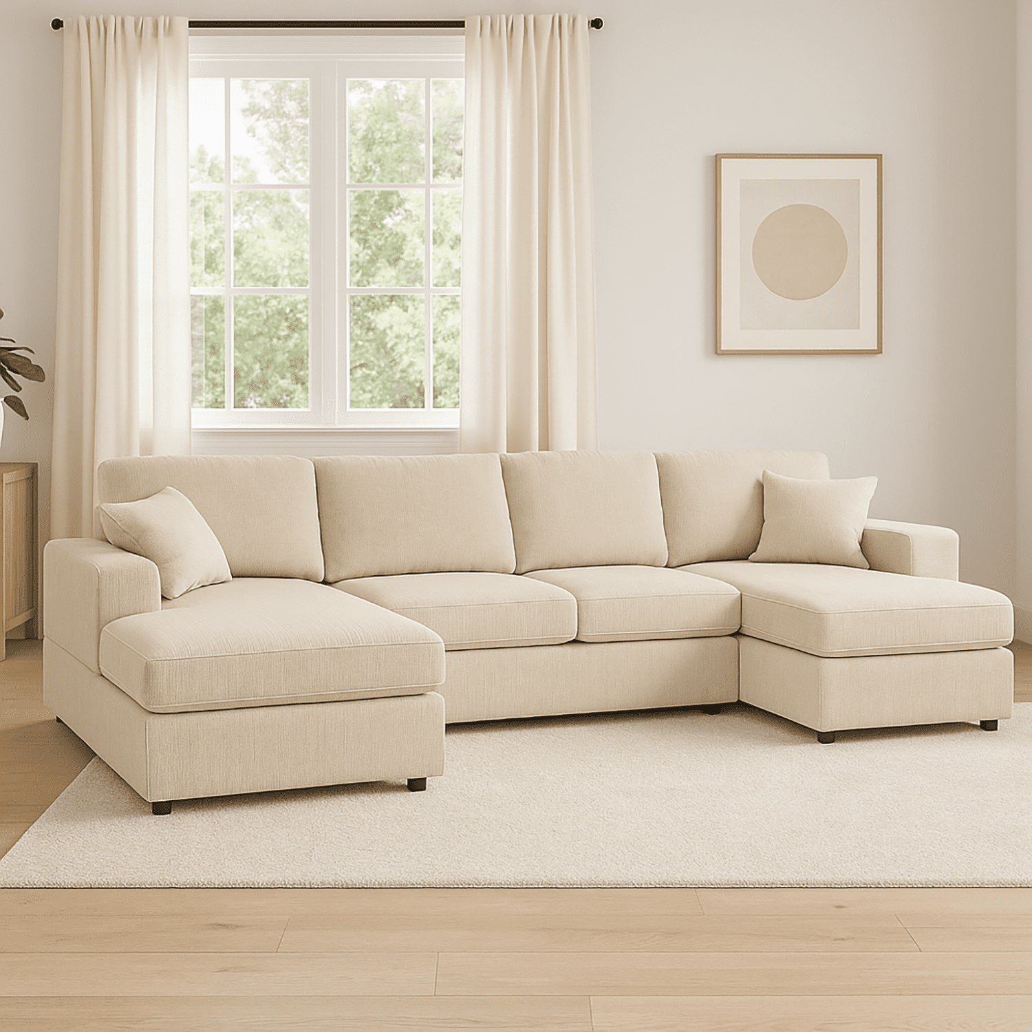 Howcool 120" Modular Sectional Sofa U Shaped Cloud Couch with Double‑Chaise, 4 Seat Corduroy Sofa with Washable Removable Covers for Living Room,Cream