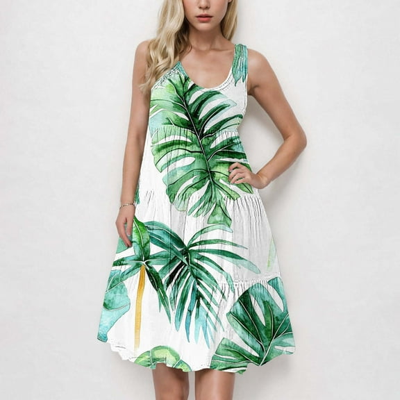 QUNYINEY Womens Summer Dresses Sleeveless Casual Hawaiian A-Line Dress Beach Vacation Crew Neck Mini Sundress