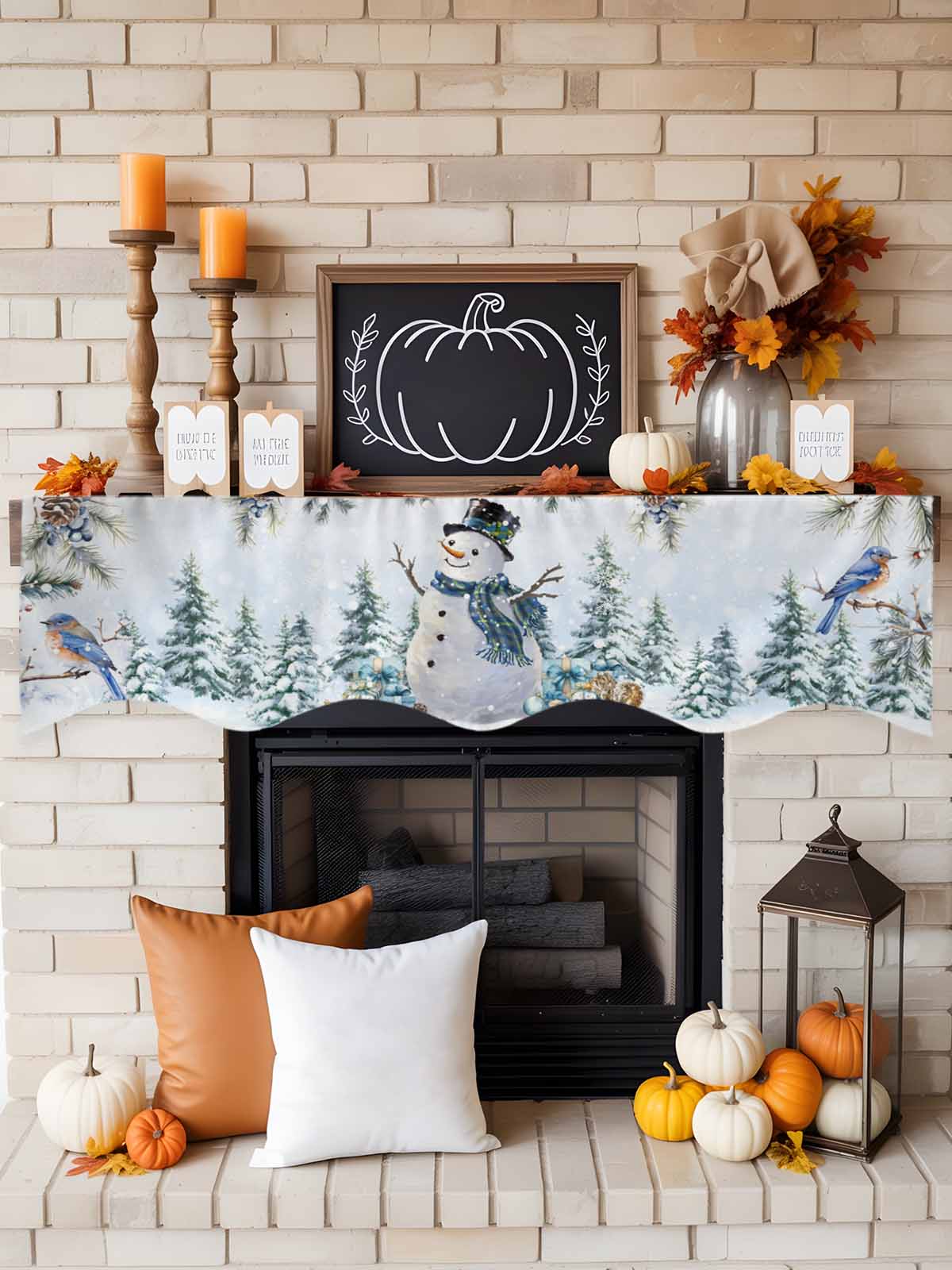Christmas Snowman Fireplace Mantle Scarf Pine Leaf Forest Birds Berries Blue Snow Mantel Cover Runner Fireplace Cloth for Holiday Party Home Living Room Decor 70 x 17 Inch