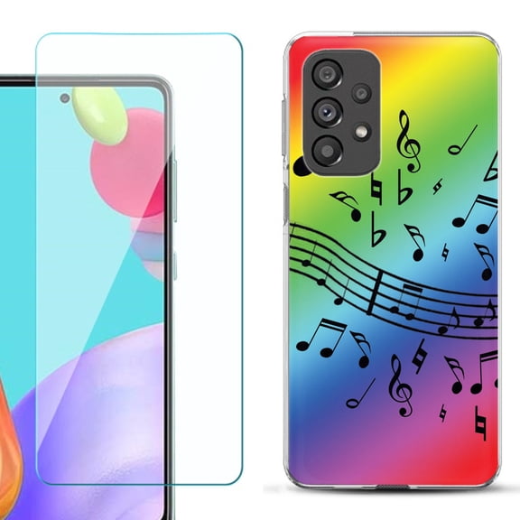 Slim-Fit Gel TPU Phone Case for Samsung Galaxy A33 5G, with Tempered Glass Screen Protector, by OneToughShield ® - Music Notes / Rainbow