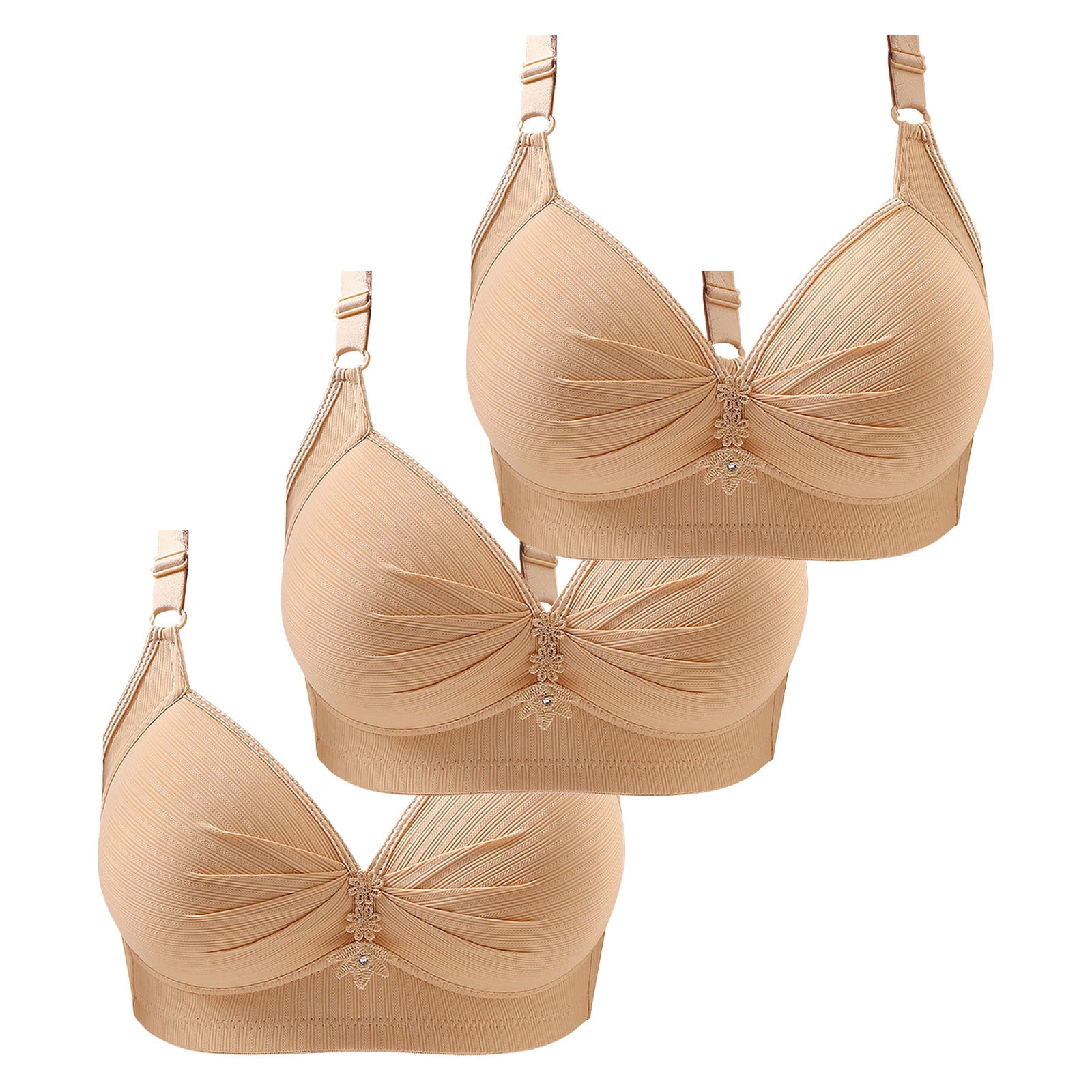 VISALY bra packs Cotton Bras, Women's Comfortable Underwear Three-Breasted Women's Bra Three-Pack Solid Color Thin Lace, Womens Wireless Bra Plus Size Wireless Bra, 3-Pack | A- Beige,5XL/50