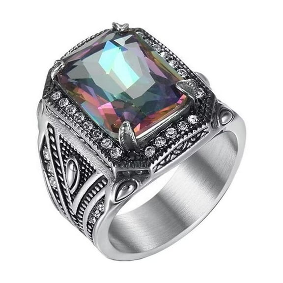 PAMTIER Unisex Stainless Steel Hip Hop Classic Dragon Claw Square Rainbow Signet Ring Vintage Pattern Carved with Crystal Inlay Wedding Band Size 7