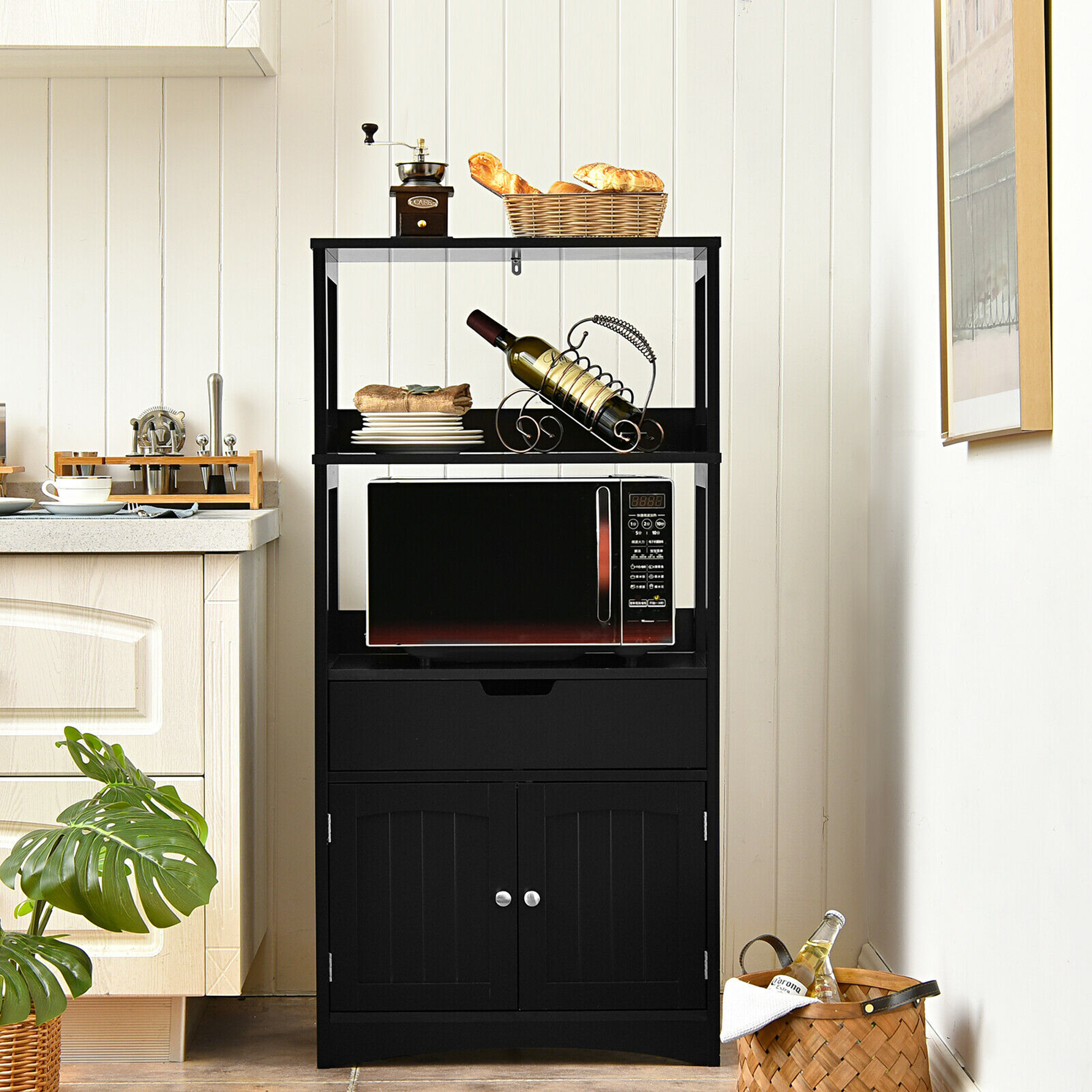Gymax Bathroom Storage Cabinet Shelf Cupboard Floor Cabinet w/Drawer Black