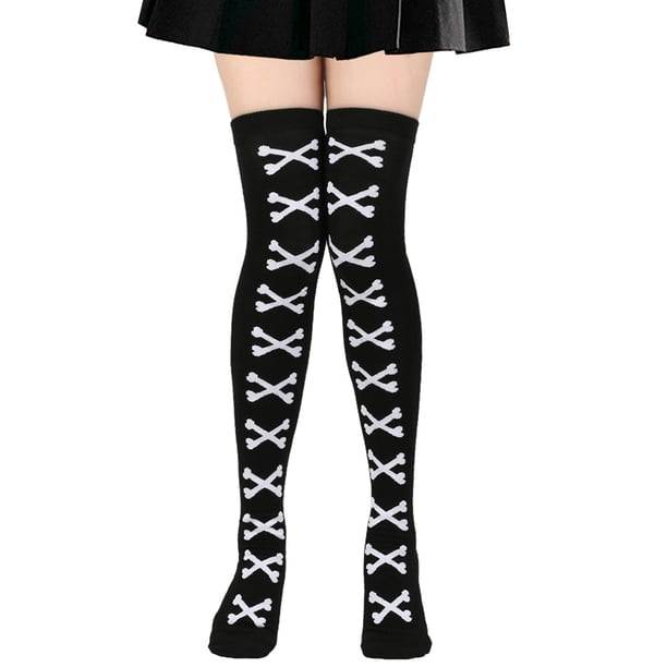 Nvzi Medias largas hasta el muslo para Halloween, medias por encima de la rodilla, calcetines para festivales de cosplay, hueso blanco y negro