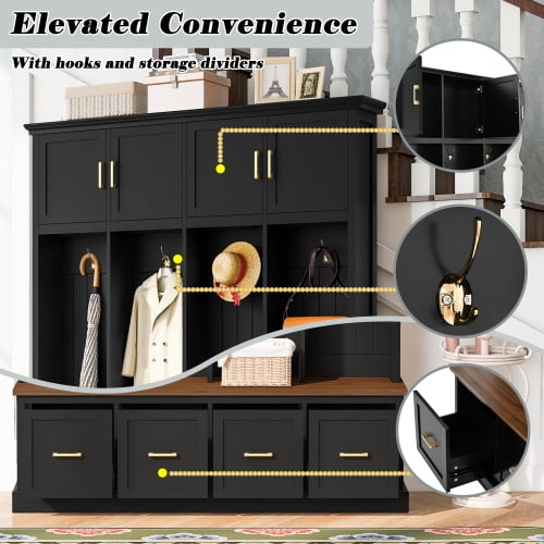 U-Can Farmhouse Entryway Hall Tree with Coat Hooks, Cabinets and Drawers, with Wood Accents and Gold Hardware, Black