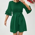thumbnail image 5 of Wycnly Womens Dresses Fashion Flared Sleeve Solid Elastic Waist Swing A Line Mini Dresses with Belt Summer Plain Crewneck Elbow-Length Formal Short Dress Green m, 5 of 7