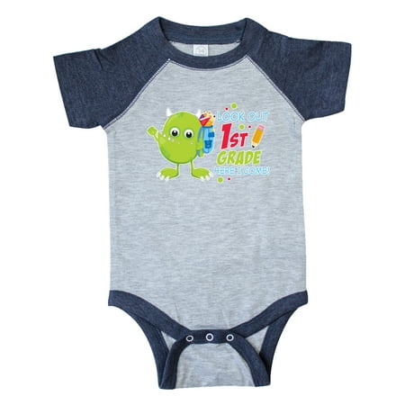 

Inktastic Look out 1st Grade Here I Come with Cute Green Monster Gift Baby Boy or Baby Girl Bodysuit
