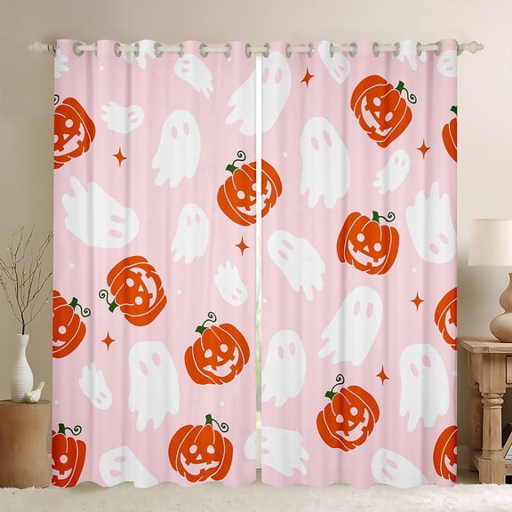 Homewish Ghost Pumpkin Kitchen Curtains for Girls, Happy Halloween Themed Black Out Curtains Pack of 2 (42x63 Each), Pink Orange White