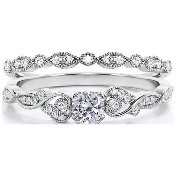 Vintage Look Boho & hippie 1.25 Carat Round Cut Diamond Moissanite Engagement Ring, Wedding Ring in 925 Sterling Silver With 18k White Gold Plating Gift For Woman, Promise, Bridal Set, Matching Band