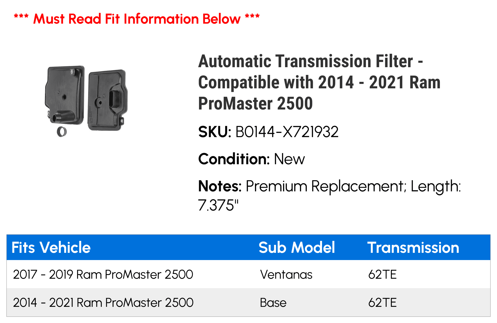 Automatic Transmission Filter - Compatible with 2014 - 2021 Ram ProMaster 2500 2015 2016 2017 2018 2019 2020