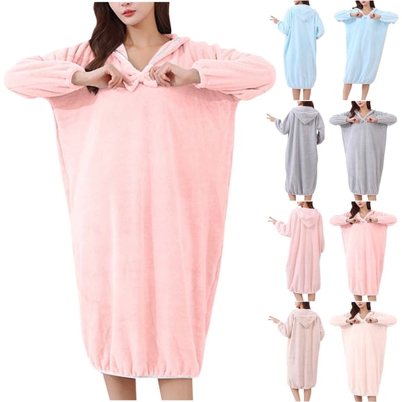 Meichang Long Robes for Women Hooded Plush Fleece Long Sleeve Winter Robe Oversized Loose Fit Cozy Fluffy Bathrobe Soft Fuzzy Loungewear Nightgown