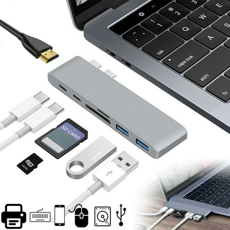 7in1 USB Dual Type-C Hub to Adapter 4K HDMI For MacBook Pro Thunderbolt 3 port USB-C port charging SD/microSD card reader 2 x USB 3.0 ports portable