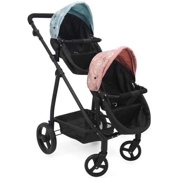509 Crew: Springtime - Deluxe City Twin Doll Stroller - Black-Pink-Blue-Flowers, Converts To Jogger & Push Pram, Adjustable Doll Accessory Toy, Kid 3 