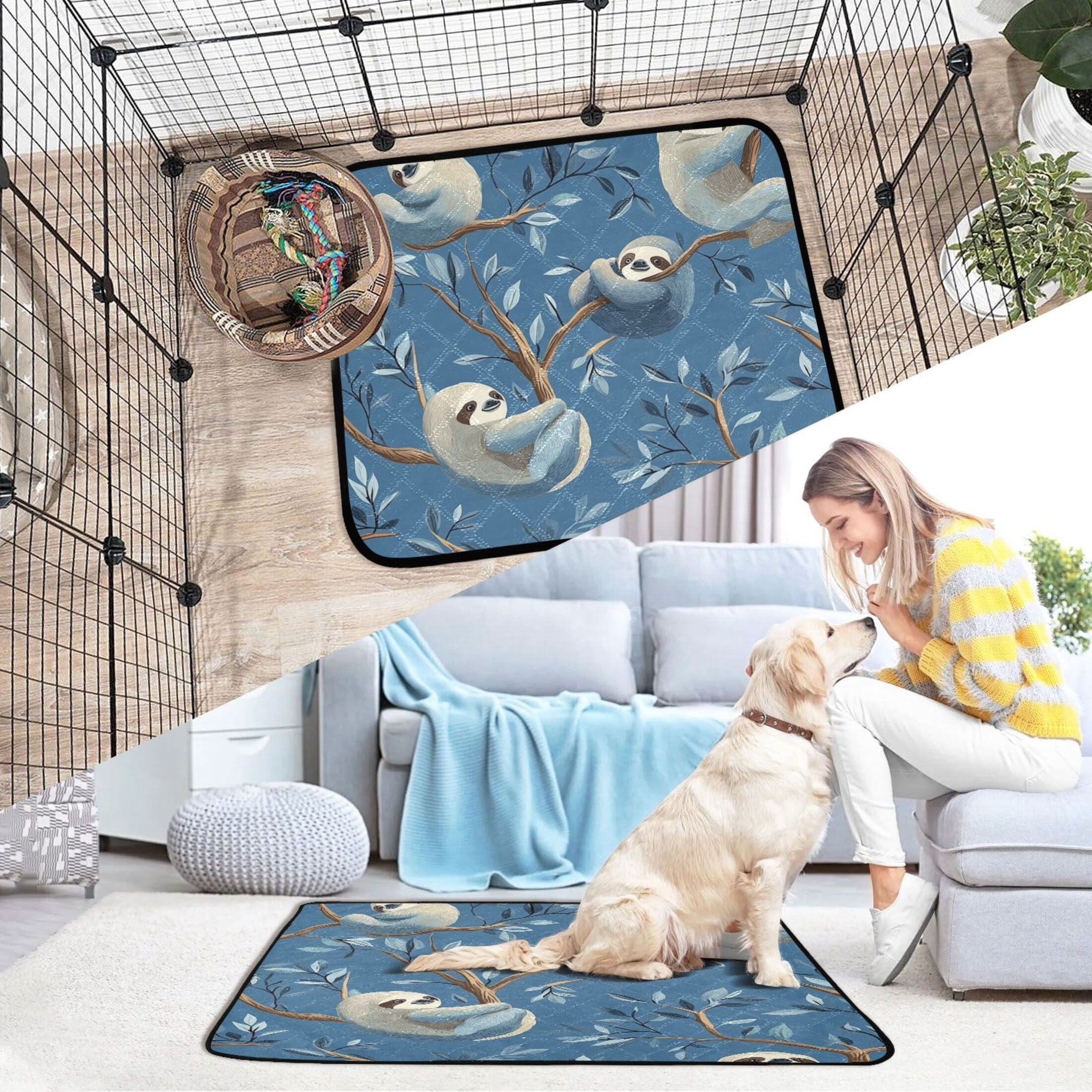 Qxltty Illustration Of Cute Sloth Lying on The Tree Cat litter Pads Pet Set of 3 Diaper Mats Center Anti-leakage Layer Absorbent Soft and Comfortable