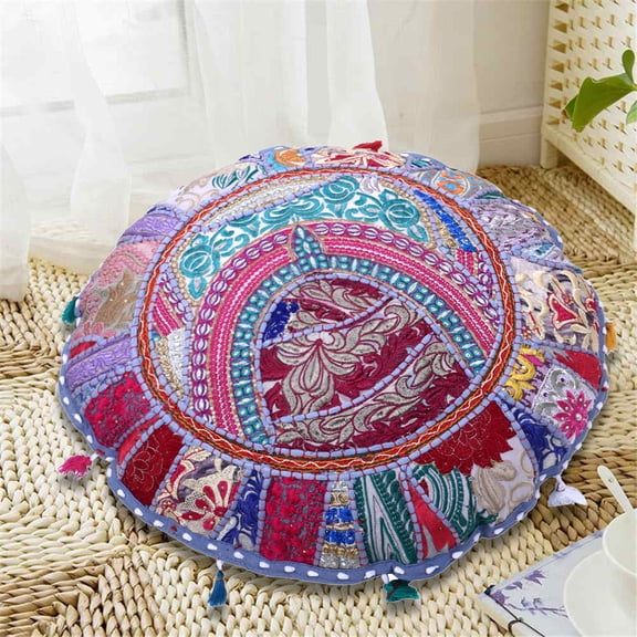 Stylo Culture Ethnic Meditation Cushion Floor Pillow Vintage Patchwork Cushion Cover Grey 22x22 Decorative Round Decor Seating Tuffet Seat Pouf Cover Footstool Cotton Embroidered 1 Pc