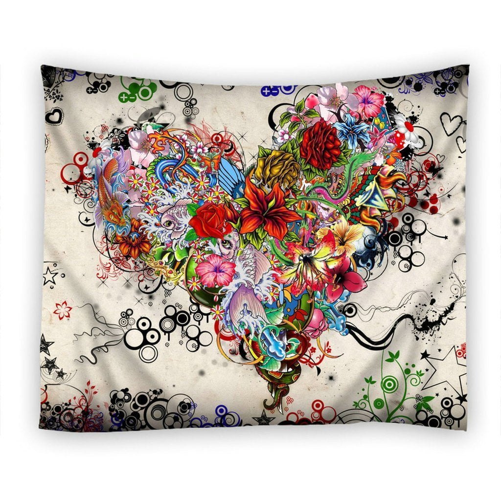 POPCreation Happy Valentines Day Flower Heart Tapestry Polyester Fabric