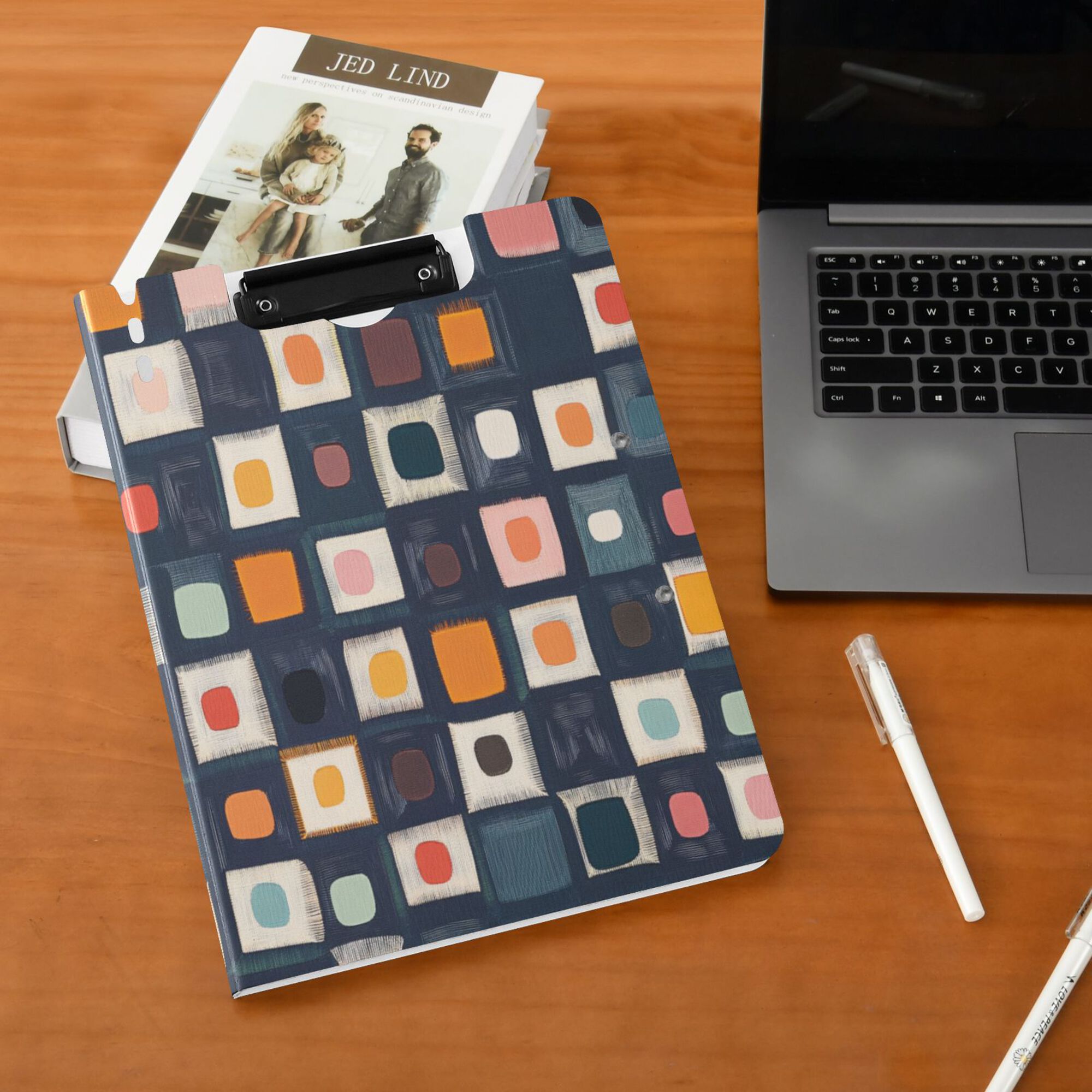 FORMRS A4 Clipboard Folder with Pen Holder Horizontal Foldable School Office Binder, Blue Circle Mosaic