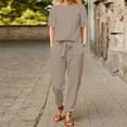 thumbnail image 2 of GILIGEGE Linen Sets for Women 2 Piece Summer Cotton and Linen Summer Matching Suit Half Sleeved Wide Leg Pants Retro Set Of Two Tracksuit Lounge Matching Sets Grey S, 2 of 8