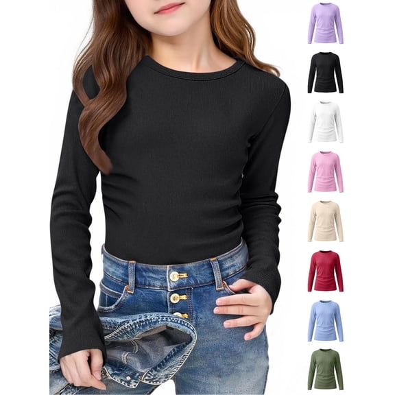 hoksml Girls Long Sleeve Ribbed Crew Neck Tee Slim Fit Casual Stretch Top for Everyday Wear Size 5-16