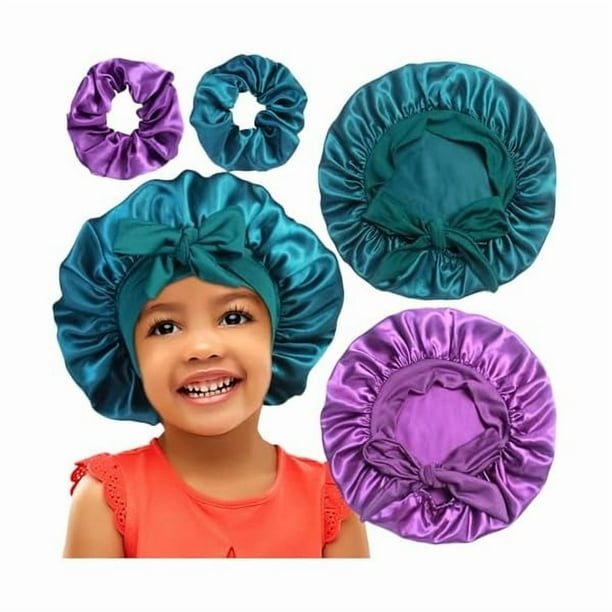 wonima11 2+2 Satin Bonnets with Scrunchies for Kids, Cute Hair Bonnets for Girls Sleeping Curly Hair, B