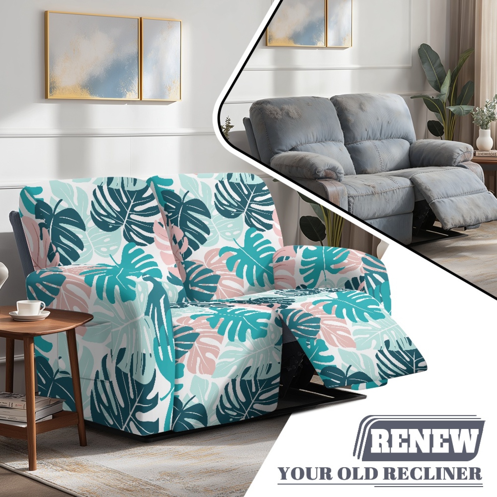 Xoenoiee Tropical Palm Leaves Print Stretch Recliner Loveseat Cover, 6 Pieces Recliner Slipcovers Soft Couch Cover for 2 Seater Non-Slip Furniture Protector with Pocket