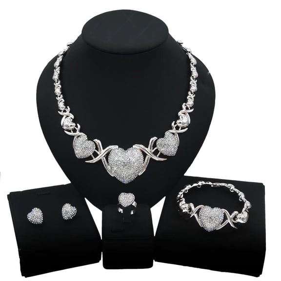 Women's Hugs & Kisses XOXO 4 Pieces Necklace Set Hearts Charm Necklace Ring Bracelet & Earrings Real Gold Pated Layered (Silver)