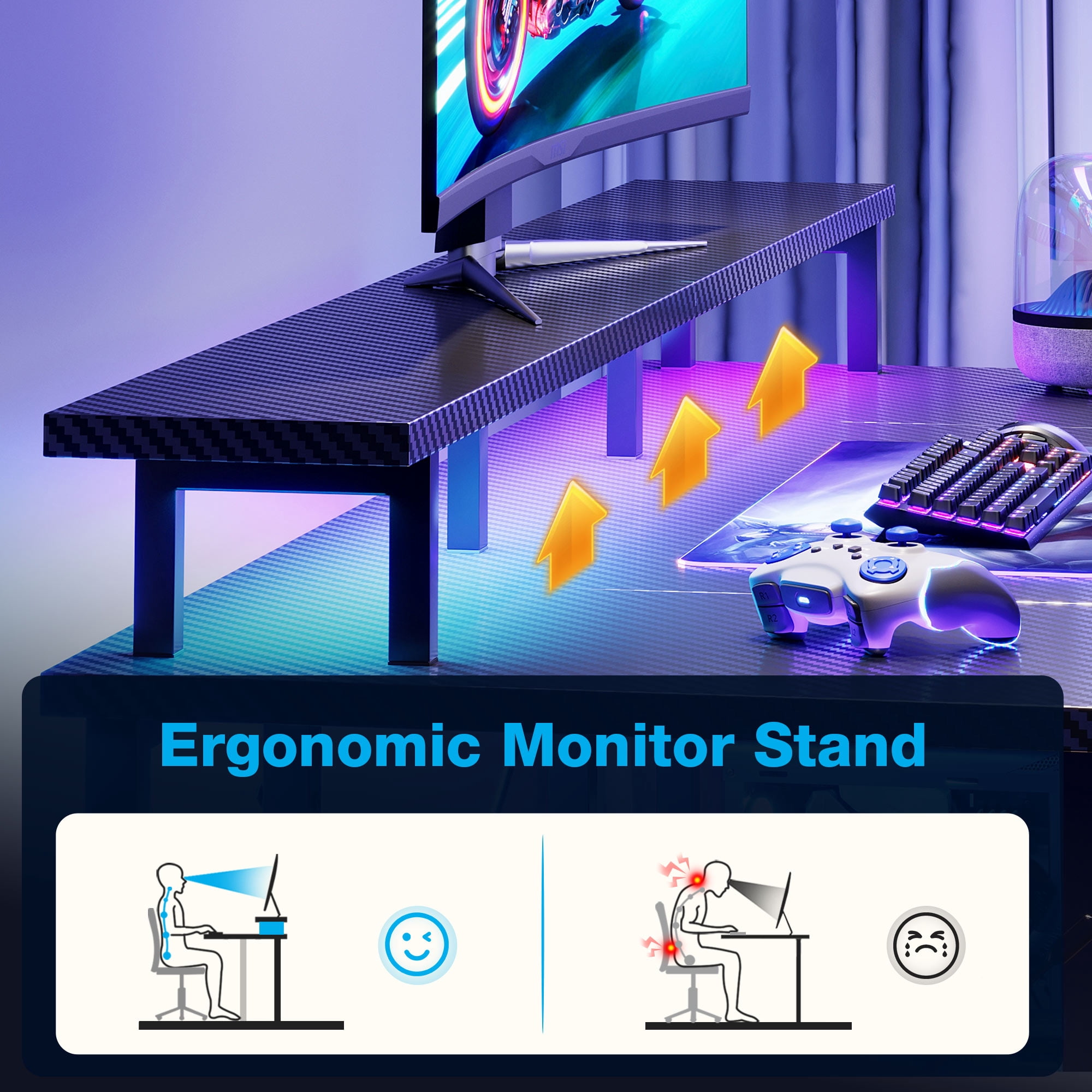 Casacomoda 48 Inch Gaming Desk with LED Lights, Computer Desk with Monitor Stand, Storage Shelves and CPU Stand, Home Office Desk, Black