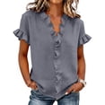 thumbnail image 2 of Gfyviroh Trendy Tops for Women Ruffle Trim V-Neck Casual Shirt Cotton Linen Short Sleeve Summer Blouse, 2 of 4