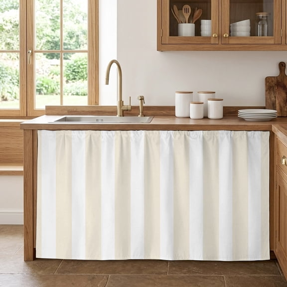 Cream Striped Cabinet Curtain 28"Wx51"L,Dustproof Storage Cabinet Curtain with Self Adhesive Tape,Modern Farmhouse Cream White Stripes Tall Pantry Cover Drape for Kitchen,Laundry Room,Utility Closet