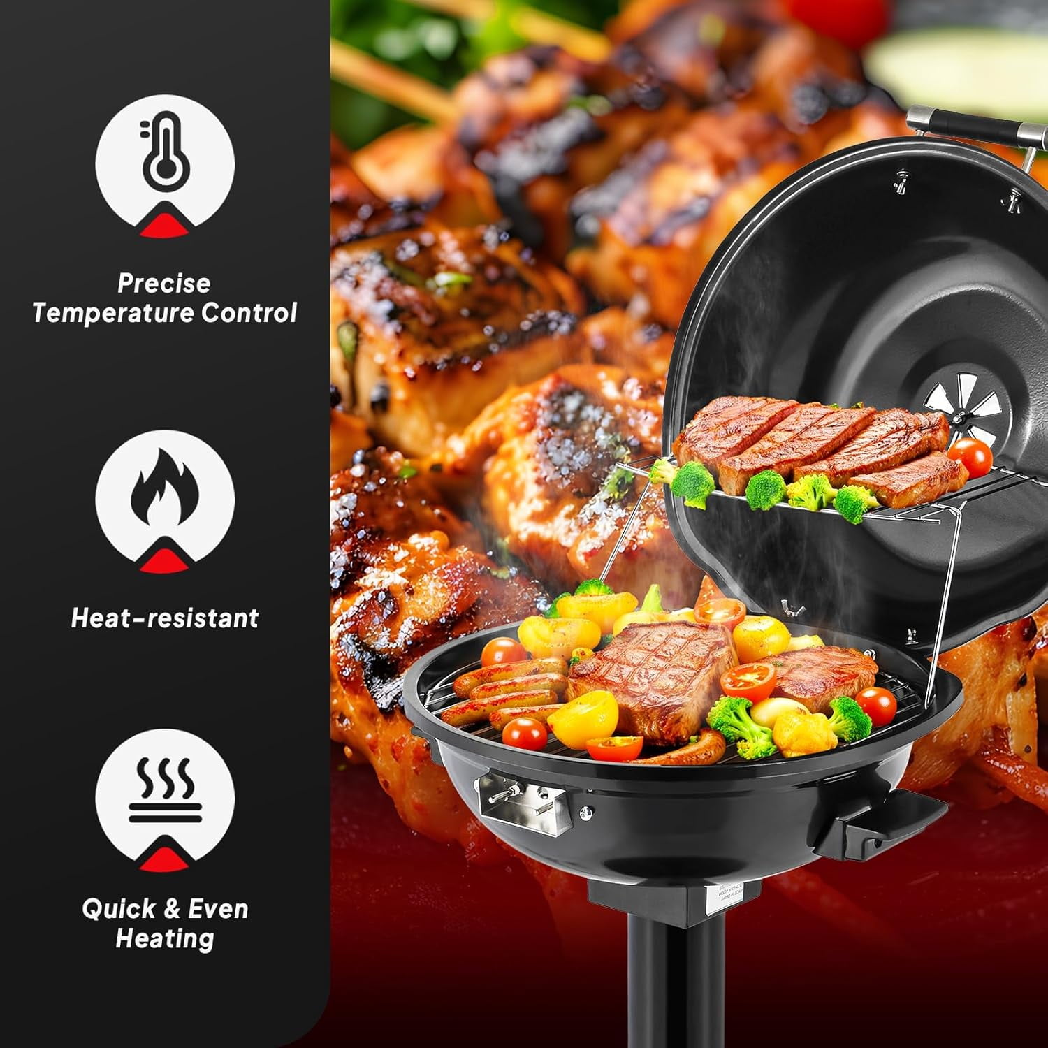 ROVSUN Tabletop Electric Grill with Temperature Control, Double Layer Design, 304 stainless, Portable Removable -Perfect Small Stove for Indoor and Outdoor BBQ, 1600W, Black