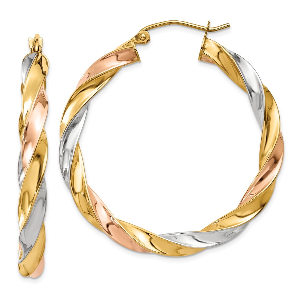 Diamond2Deal - 14k Yellow Gold Tri-Color Light Twisted Round Hoop ...