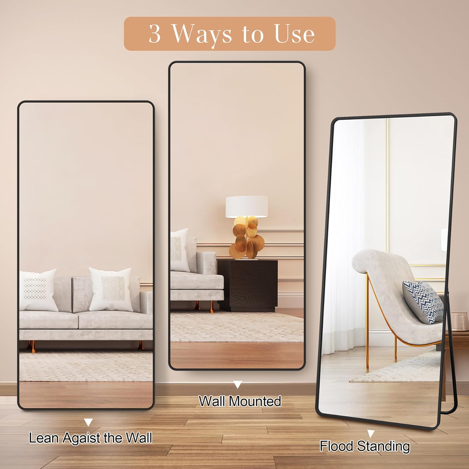 MAYEERTY Freestanding Full Length Mirror with Stand, Aluminum Alloy Rounded Corner Tempered Glass Floor Mirror Wall Mounted for Bedroom Dressing Room, 64x21in, Gold