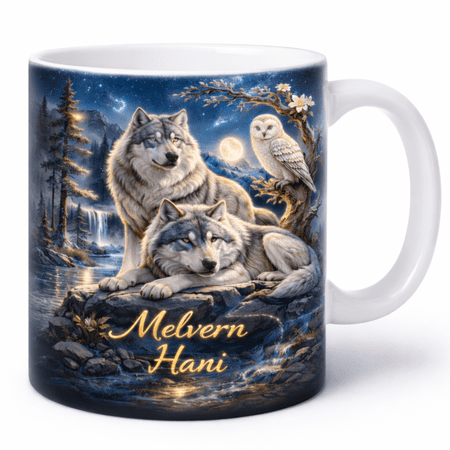 Lotusprint LLC Personalized Wolf Couple Accent Mug 11oz, Light Blue, Wildlife Wolf Lover Gift Cup