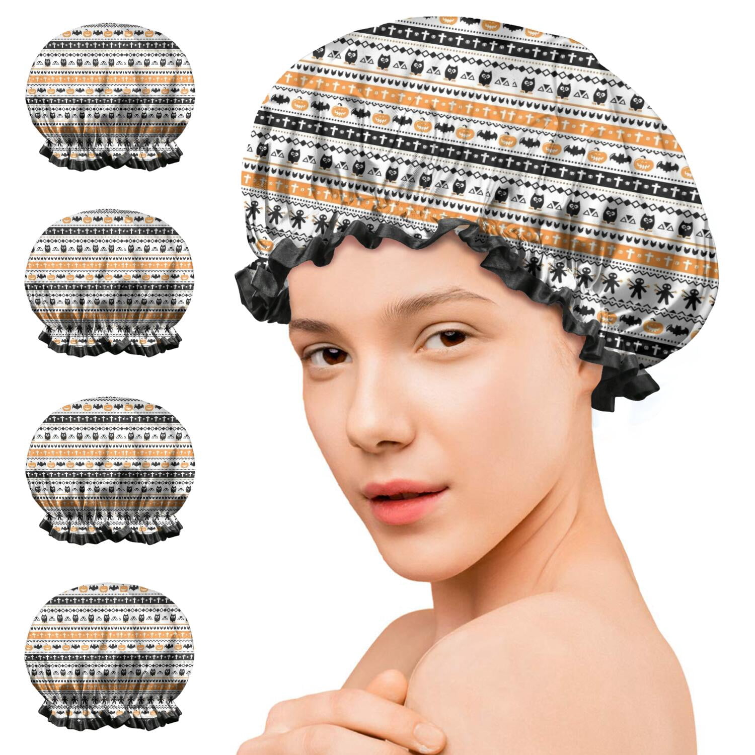 Shower Caps,Orange and Black Christmas Pattern Waterproof Shower Cap for Women 4 Pieces,Double Reusable Hair Cover for Shower PEVA Elastic Stretch Hem