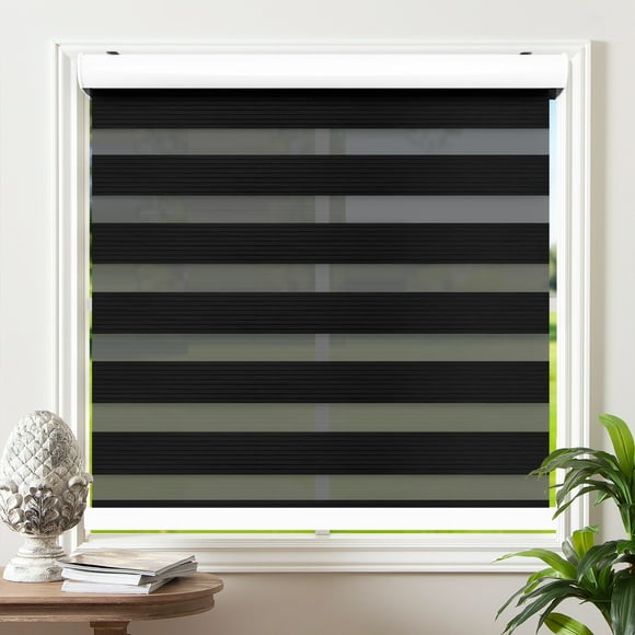 Biltek Cordless Zebra Window Blinds with Modern Design - Roller Shades w/ Dual Layers - Solid & Sheer Shades for Transparency / Privacy - Great for Home, Office, Kitchen, Bathroom - Black, 69"W X 72"H