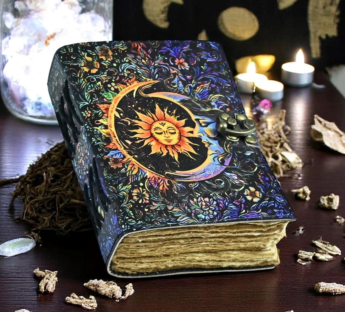 Sun & Moon Vintage Leather Journal for Men & Women 200 Pages of Antique Handmade Deckle Edge Vintage Paper, Leather Sketchbook, Drawing Journal, Printed Sun and Moon Journal , Great Gift (7 x 5 Inch)
