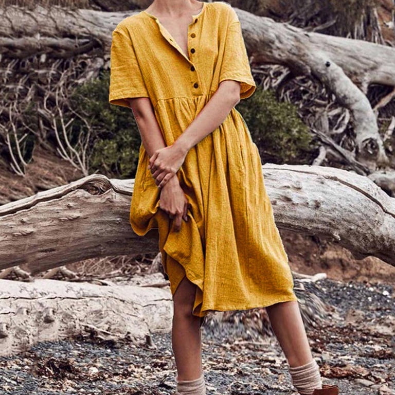 WREESH Womens Dress Short Sleeved Button Pocket Round Neck Cotton Linen  Dress Yellow - Walmart.com